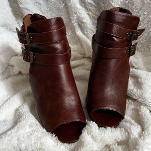 Brown Leather Peep Toe Booties